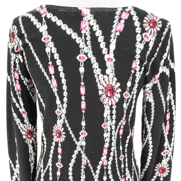 Cache Sweater Womens Medium Black Pink Low Cut Out Jewelry Print Pullover - Picture 9 of 11
